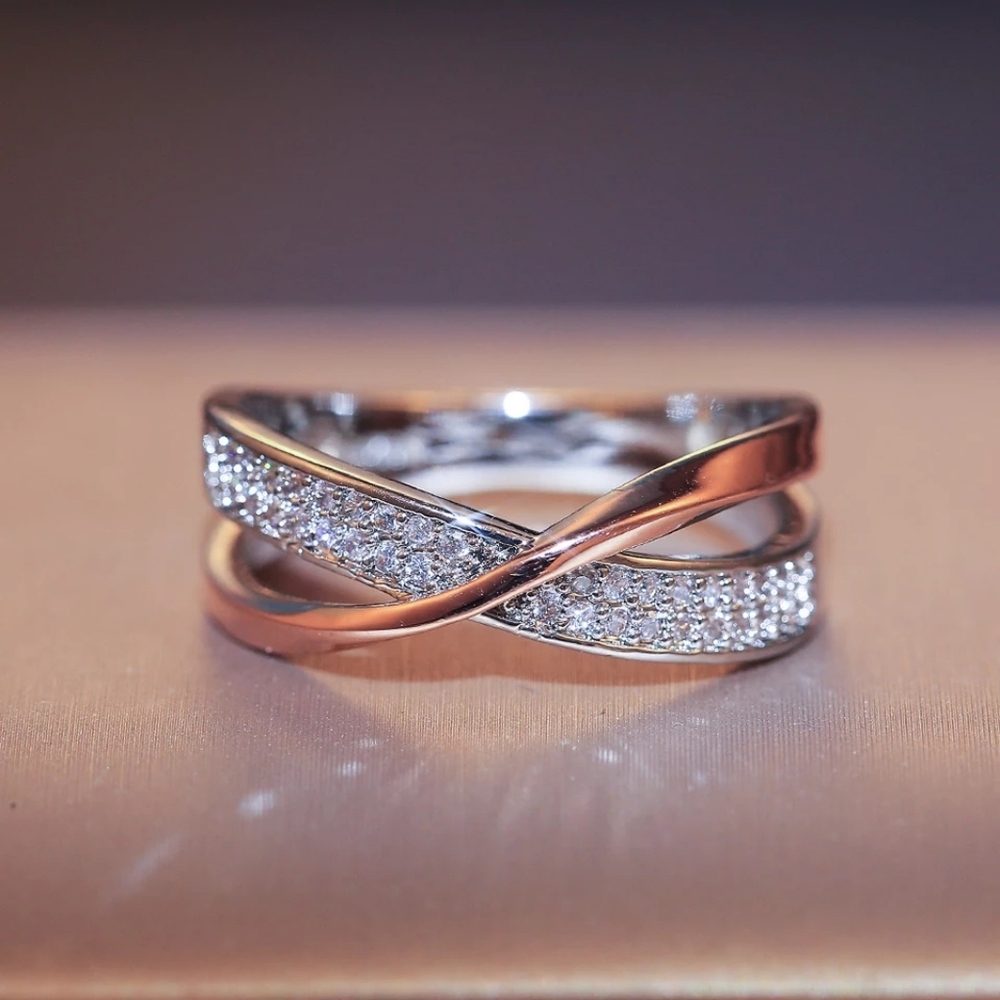 Newest Fresh Two Tone X Shape Dazzling Diamond Cross Ring - Picture 2 of 4